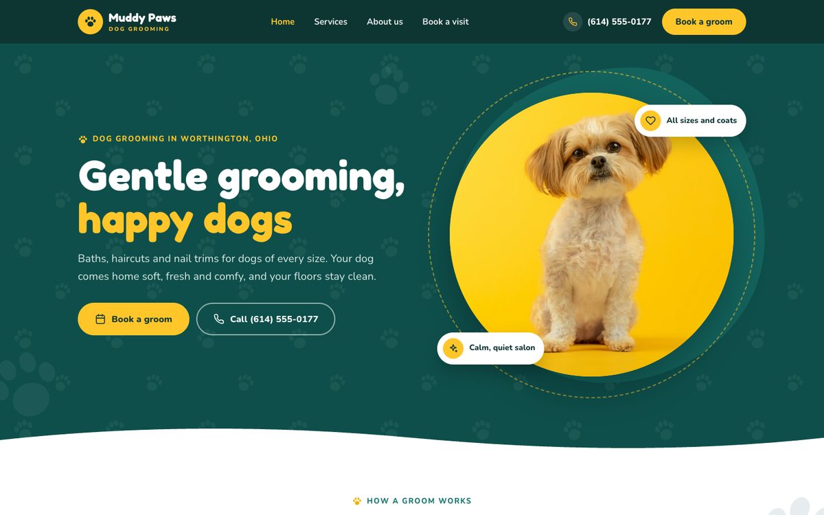 Muddy Paws Dog Grooming sample design on a laptop