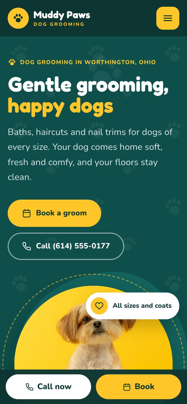 Muddy Paws Dog Grooming sample design on a phone